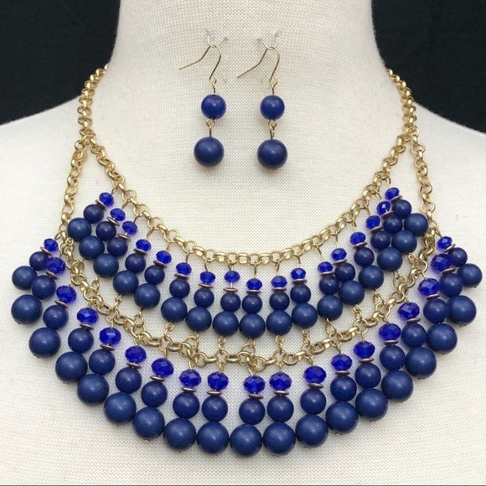 Layered Dark Blue Beads 2 Row Large Gold Statement Bib Necklace Earrings Set